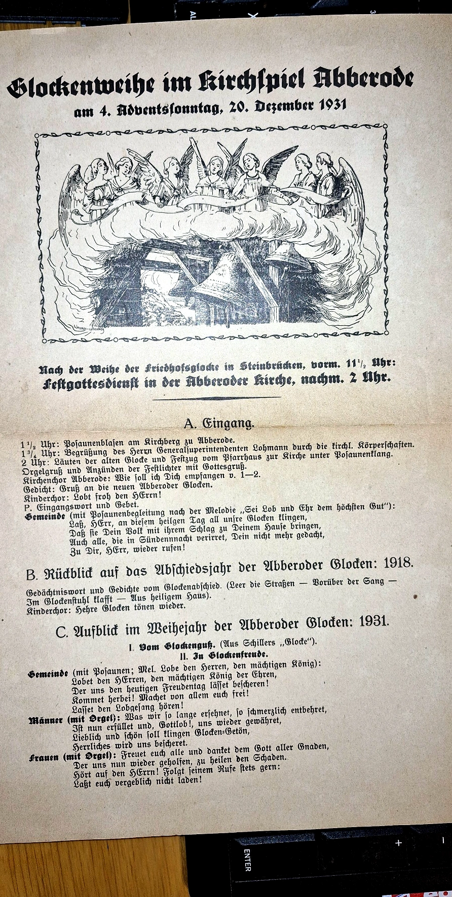Gedrucktes Programm der Glockenweihe im Kirchspiel Abberode, Seite 1 · Privatsammlung