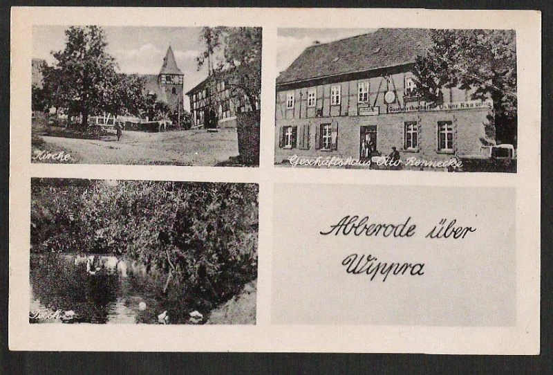 Mehrbildkarte „Abberode über Wippra“ mit Kirche, Geschäftshaus und Dorfteich · Privatsammlung